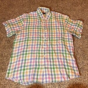 Neiman Marcus‎ Mens L Plaid Linen Casual Button Up Shirt Short Sleeve